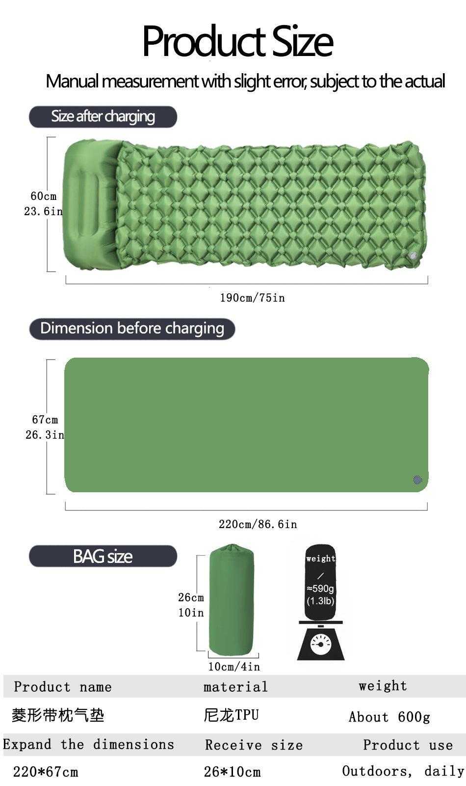 2pc Ultralight Inflatable Camping Sleeping Mat with Integrated Pillow - Waterproof 40D Nylon TPU(Grey)