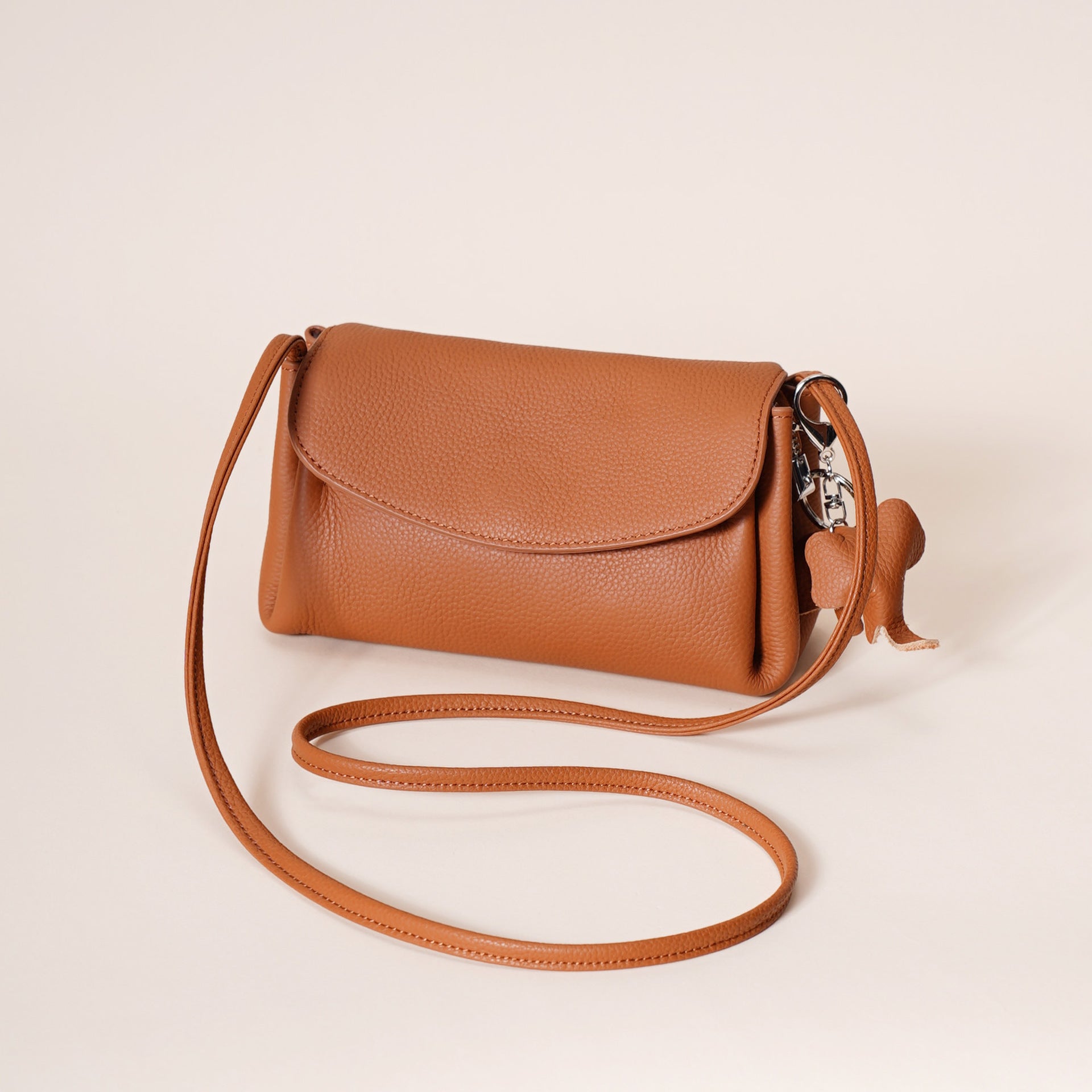Genuine Leather Flap Crossbody Bag with Elephant Charm - Compact & Stylish Shoulder Purse(White)