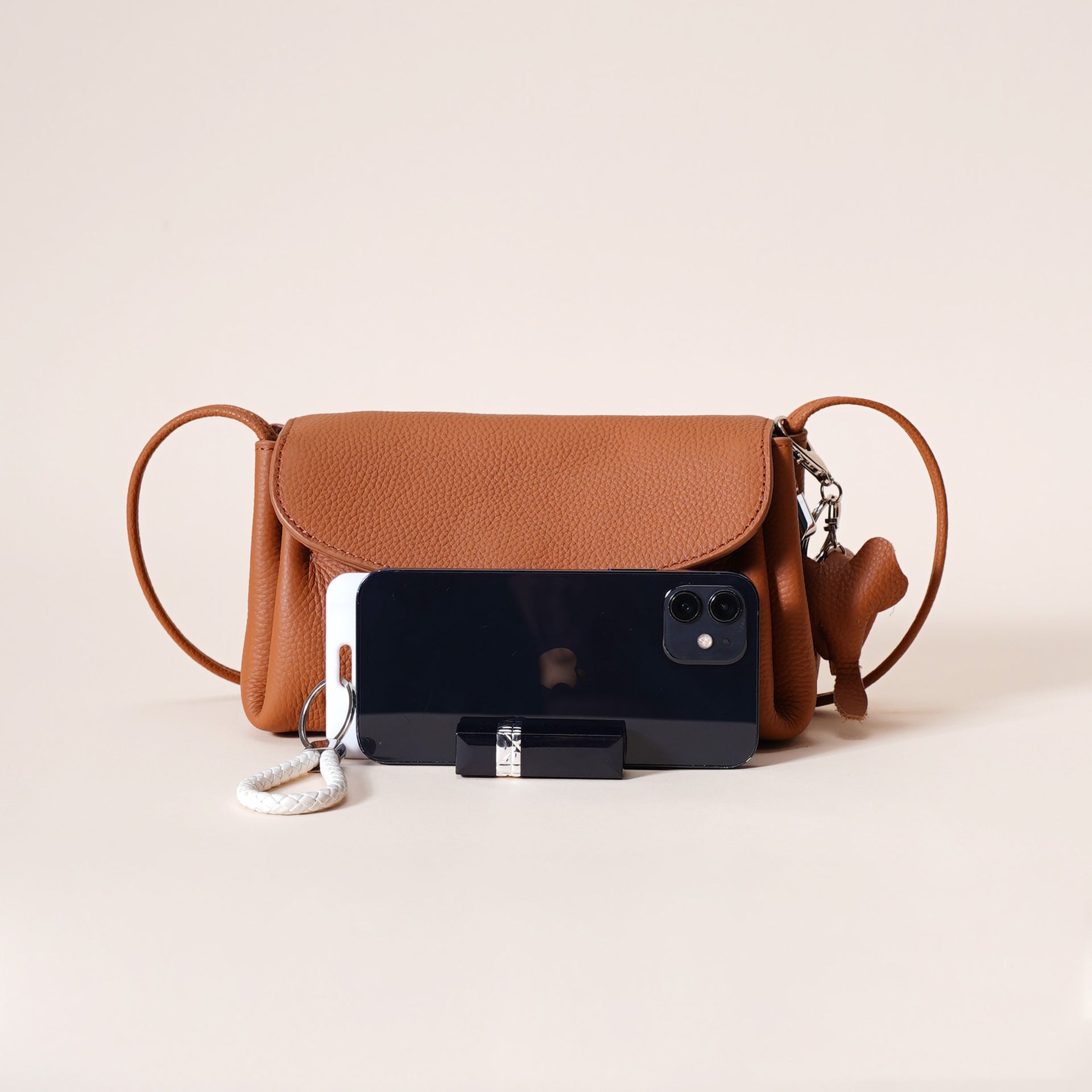 Genuine Leather Flap Crossbody Bag with Elephant Charm - Compact & Stylish Shoulder Purse(White)
