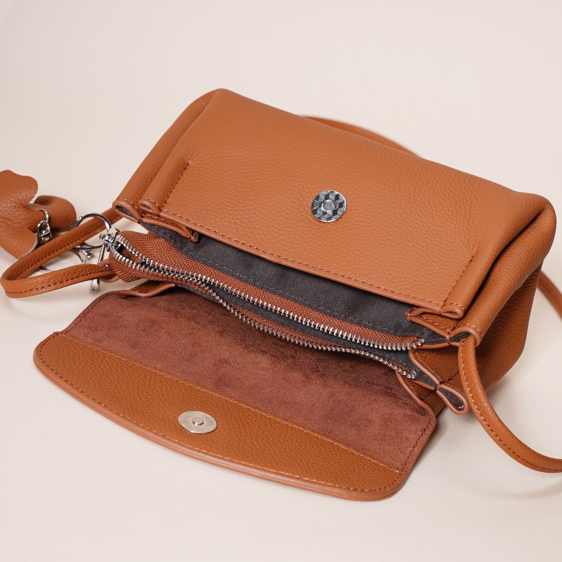 Genuine Leather Flap Crossbody Bag with Elephant Charm - Compact & Stylish Shoulder Purse(Black)