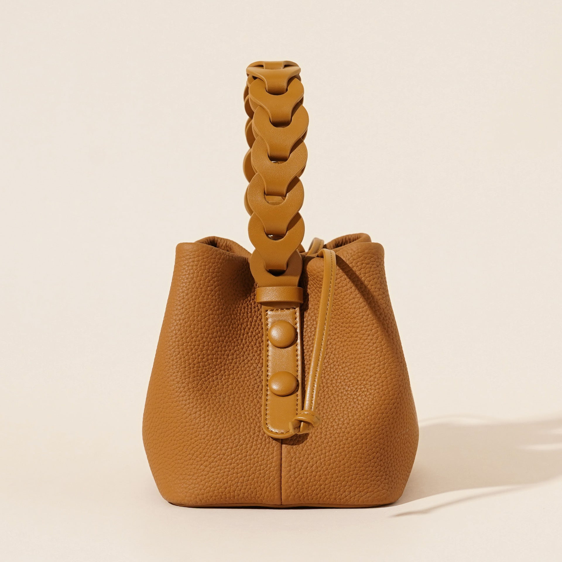 Genuine Leather Mini Bucket Bag with Braided Handle - Chic Drawstring Crossbody Purse(Biscuit)