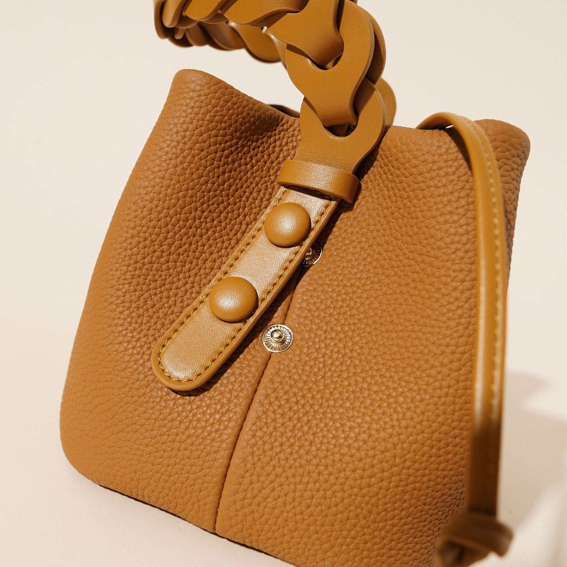 Genuine Leather Mini Bucket Bag with Braided Handle - Chic Drawstring Crossbody Purse(Black)