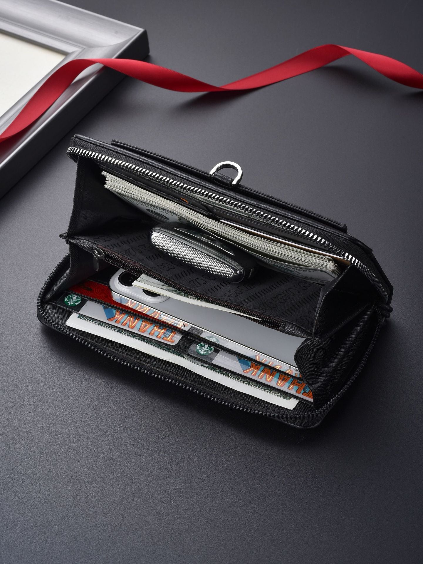 Coffee Classic Long Zipper Wallet Clutch - Large Capacity PU Leather Phone & Card Holder with Wrist Strap