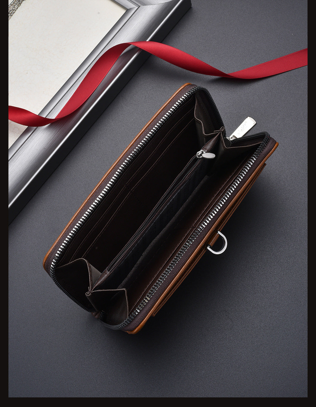 Brown Classic Long Zipper Wallet Clutch - Large Capacity PU Leather Phone & Card Holder with Wrist Strap
