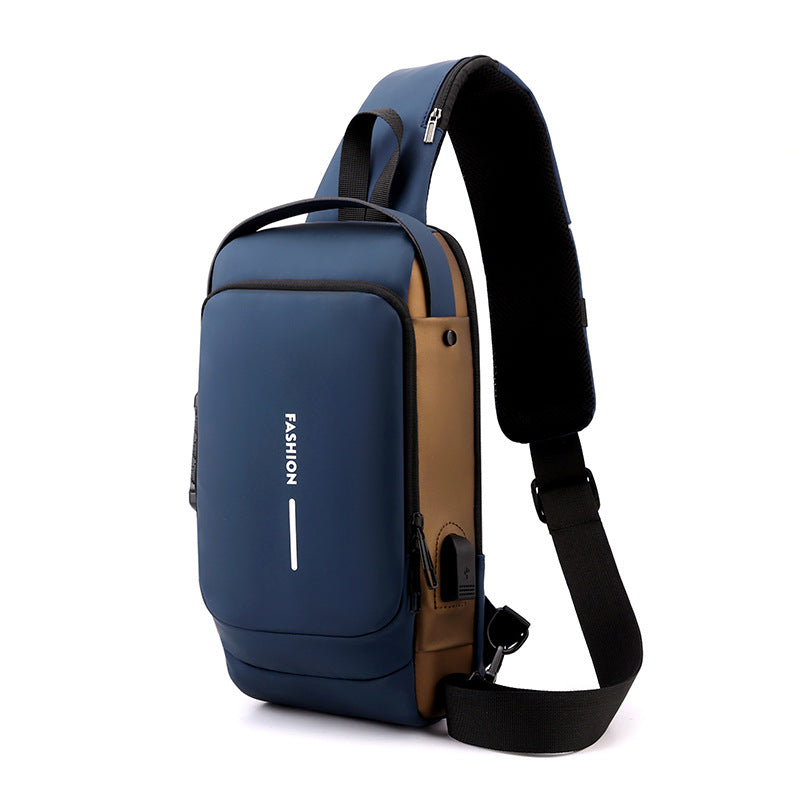 Blue and Brown Men's Anti-Theft Crossbody Sling Bag with USB Charging Port & Combination Lock
