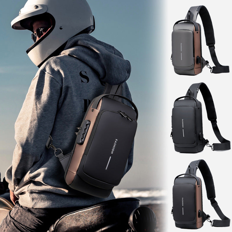 Grey and Brown Men's Anti-Theft Crossbody Sling Bag with USB Charging Port & Combination Lock