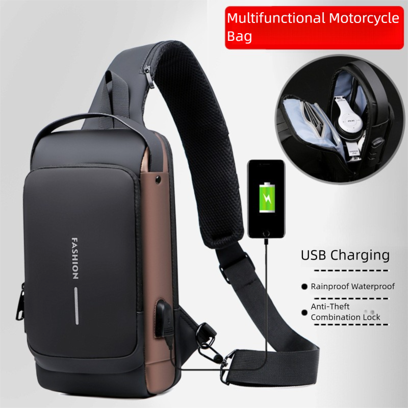 Grey and Brown Men's Anti-Theft Crossbody Sling Bag with USB Charging Port & Combination Lock