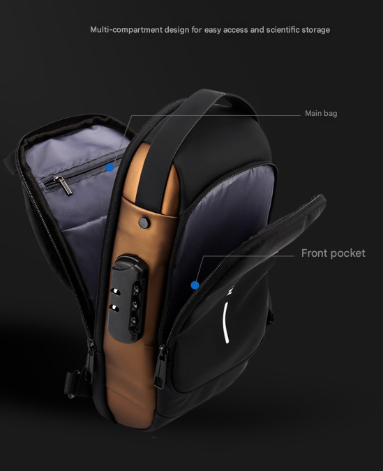 Grey and Brown Men's Anti-Theft Crossbody Sling Bag with USB Charging Port & Combination Lock