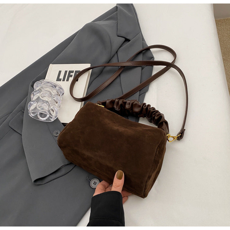 Coffee Chic Ruched Handle Crossbody Bag - Womens Faux Suede Top Handle Handbag with Detachable Strap