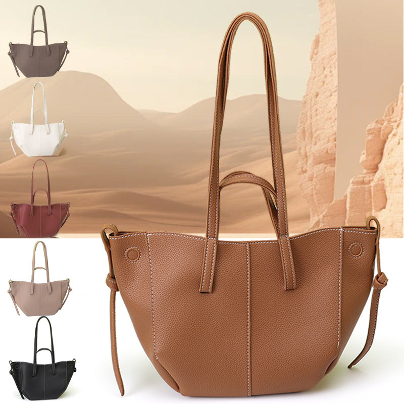 White Chic Minimalist PU Leather Tote Bag - Women's Versatile Shoulder Handbag with Contrast Stitching