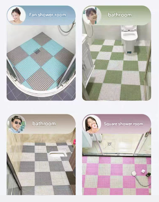 White And Green DIY Interlocking Non-Slip Floor Tiles - 12-Pack PVC Drainage Mat for Shower & Bathroom Safety