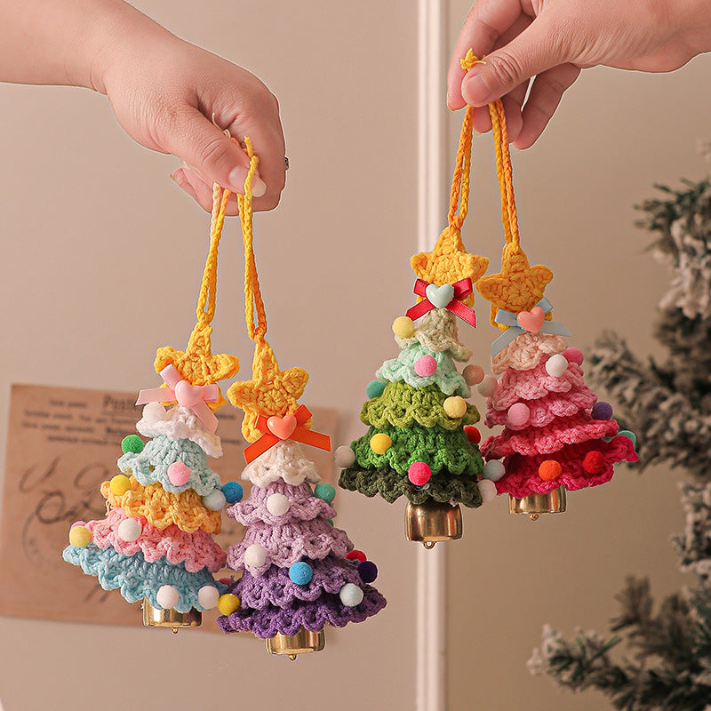 2 Pcs Style C Yellow and Green Handmade Crochet Christmas Tree Ornament - Festive Hanging Decoration with Jingle Bell