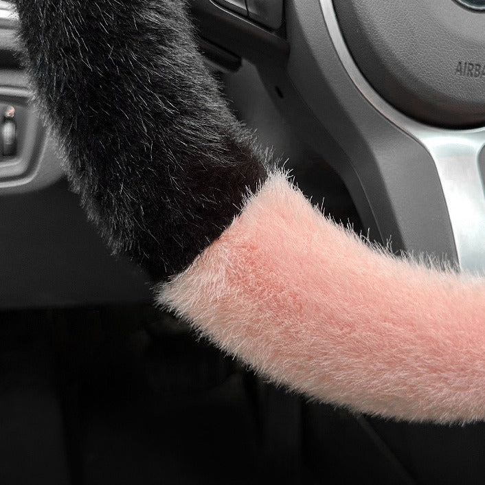 Pink Stitching Black Plush Cat Ear Steering Wheel Cover - Cute & Fuzzy Winter Grip, Universal 38cm Fit