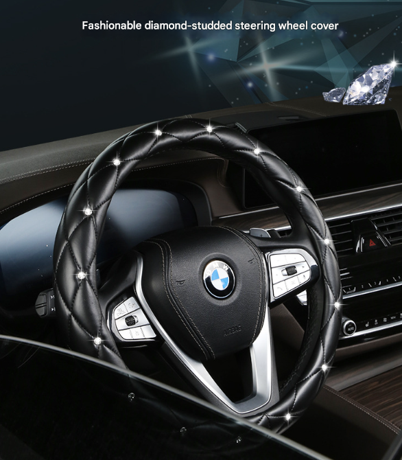 Pink Luxury Bling Steering Wheel Cover - Black Quilted Leather with Crystal Rhinestones, Universal 38cm Fit