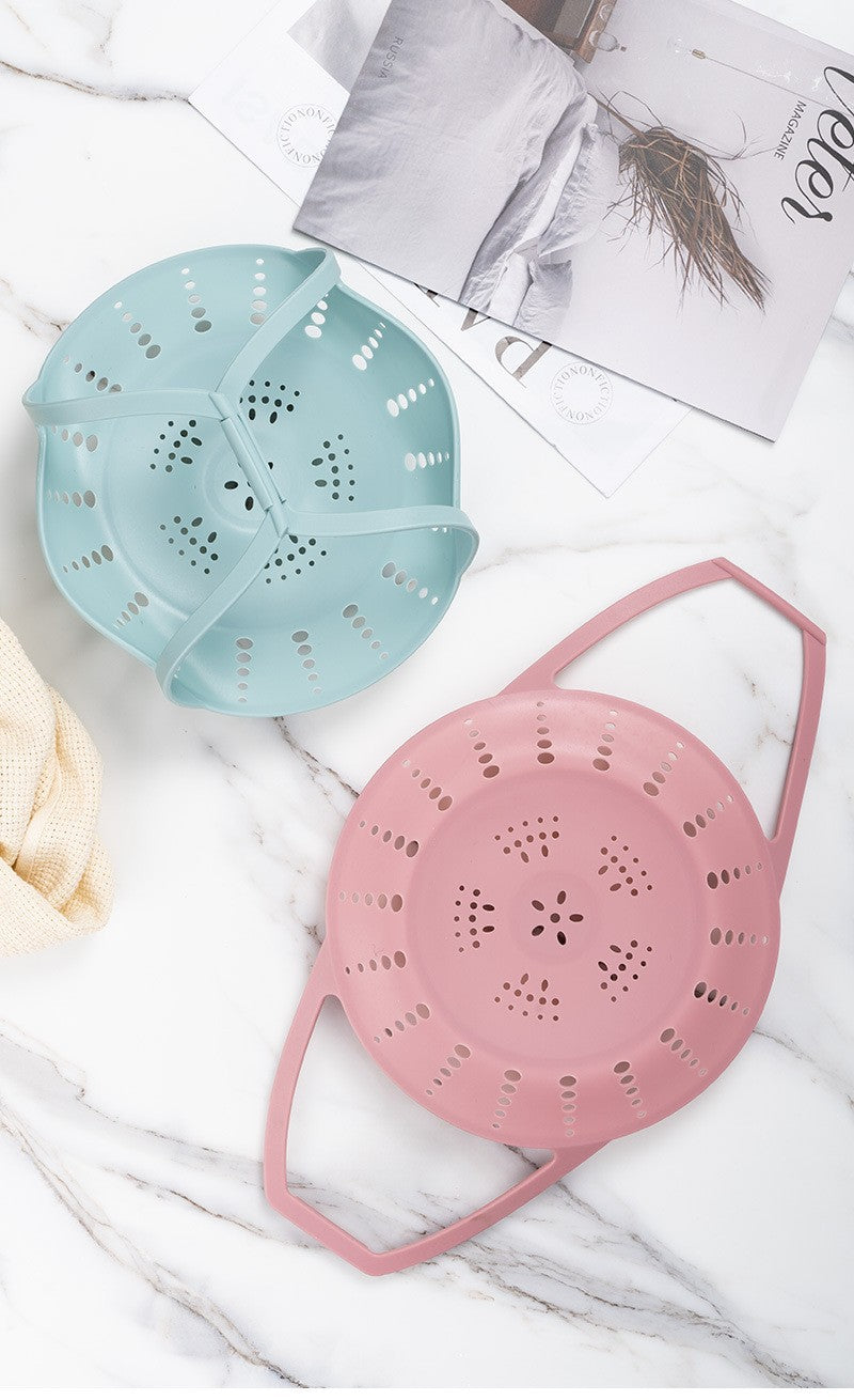 Large Pink Flexible Silicone Steamer Basket with Heat-Resistant Handles - Food-Grade Vegetable Steamer Insert for Pots & Pans