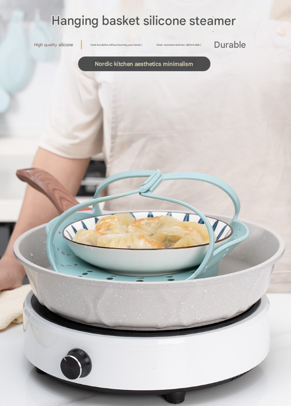 Small Blue Flexible Silicone Steamer Basket with Heat-Resistant Handles - Food-Grade Vegetable Steamer Insert for Pots & Pans