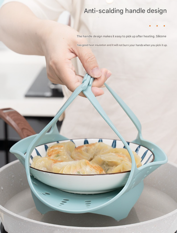 Small Blue Flexible Silicone Steamer Basket with Heat-Resistant Handles - Food-Grade Vegetable Steamer Insert for Pots & Pans