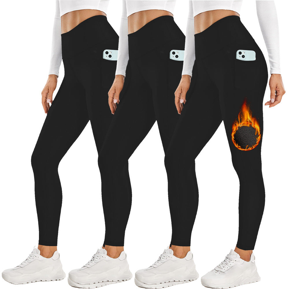 Size M Grey Women's Mid Waist Plush Leggings with Pockets - Autumn and Winter Leggings with Pockets