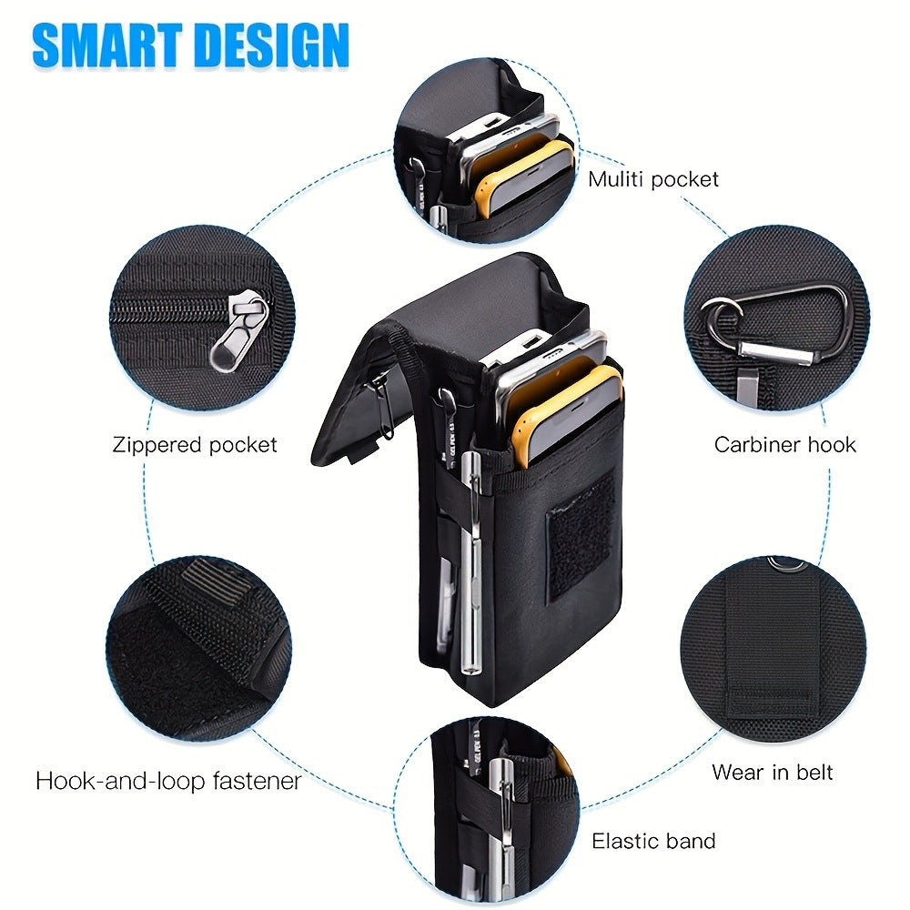 Black Heavy-Duty Tactical Phone Pouch - Multi-Pocket Belt Holster & Utility Waist Bag for Outdoor Work and EDC