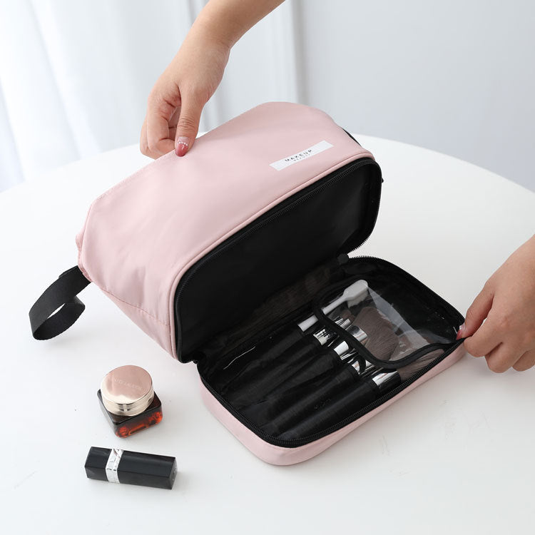 Blue Chic Dual-Compartment Makeup & Toiletry Bag - Large Capacity Travel Organizer with Brush Holder