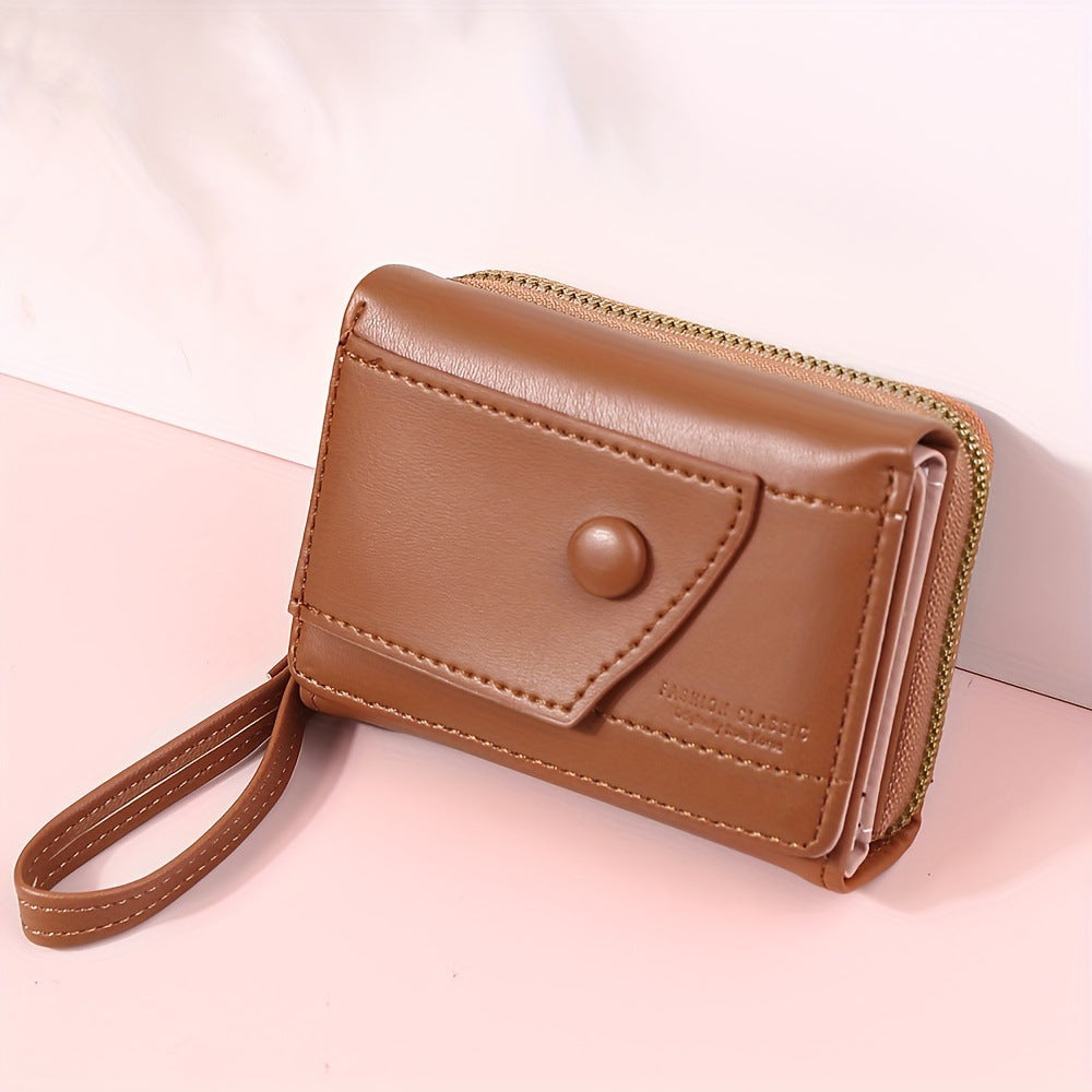 Black Chic Compact Trifold Wallet for Women - PU Leather Card Holder with Zipper Coin Purse & Wristlet Strap