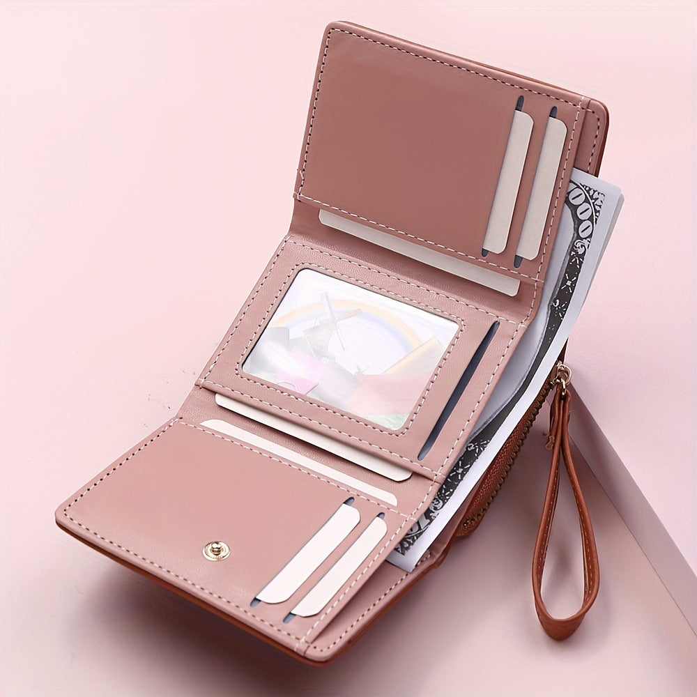 Black Chic Compact Trifold Wallet for Women - PU Leather Card Holder with Zipper Coin Purse & Wristlet Strap
