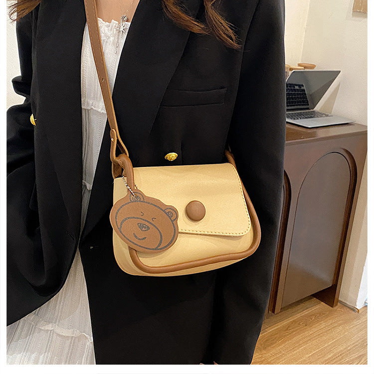 Khaki and Brown Chic PU Leather Crossbody Bag with Cute Bear Charm - Adjustable Strap Shoulder Purse