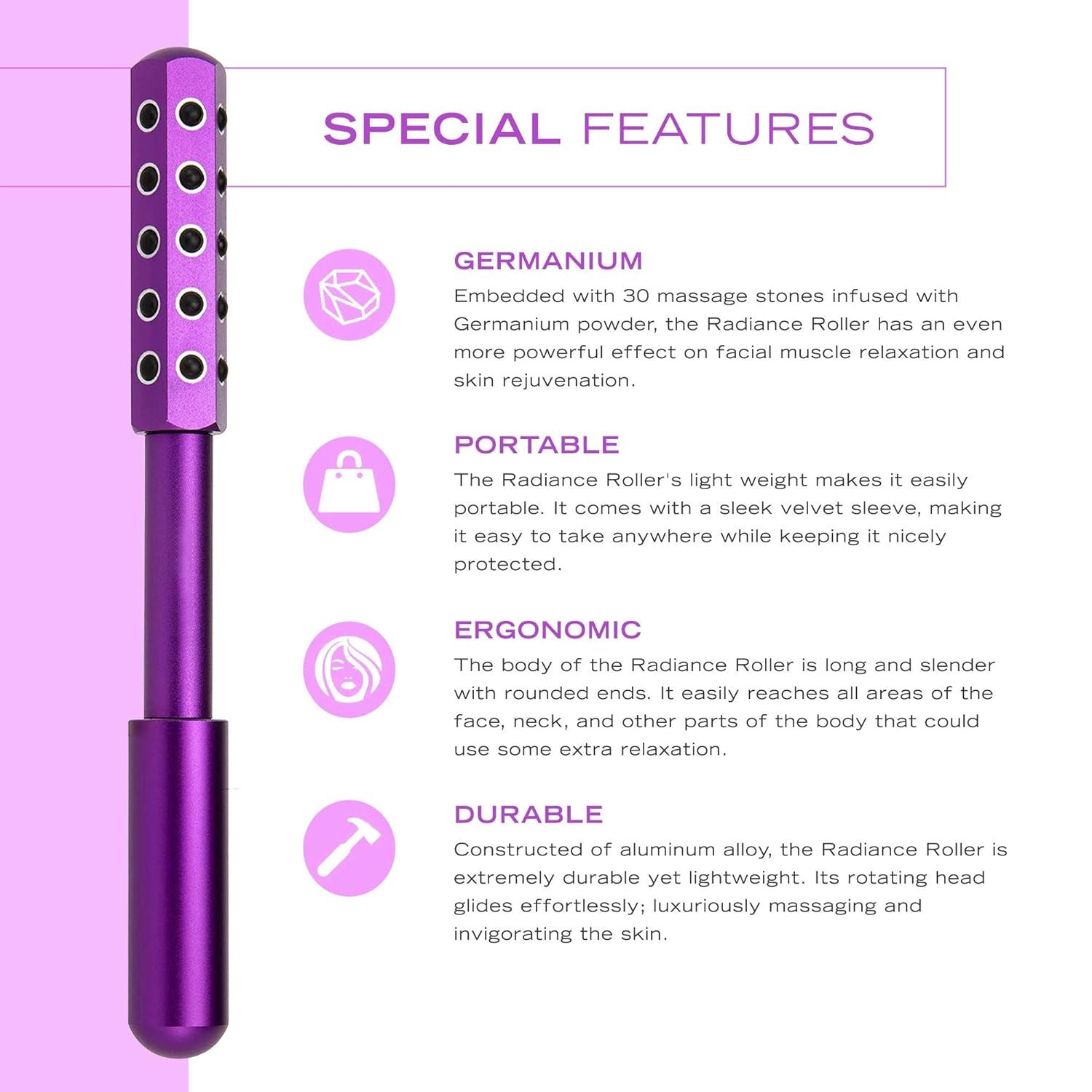 Purple Germanium Stone Facial Roller - Uplifting & Sculpting Beauty Massager for Face and Body
