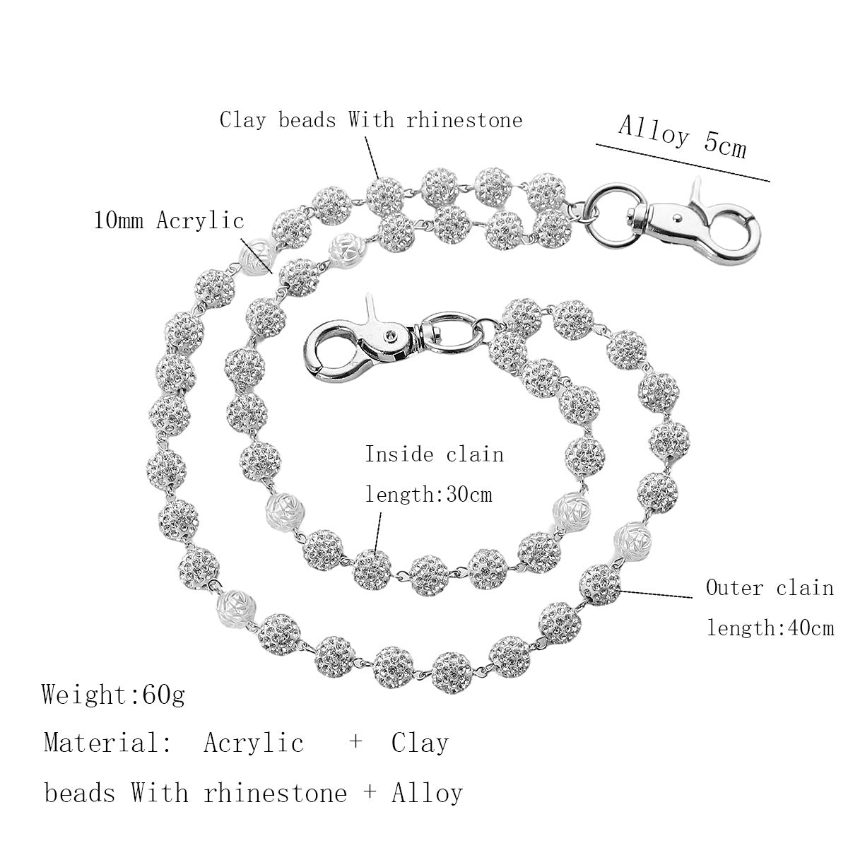 Silver and White Bling Rhinestone Beaded Wallet Chain - Double Layer Hip Hop Trouser Chain Jean Accessory(60g）