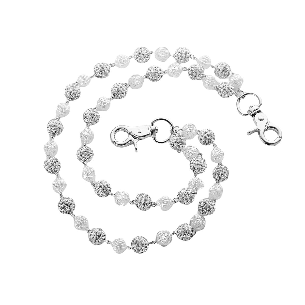 Silver and White Bling Rhinestone Beaded Wallet Chain - Double Layer Hip Hop Trouser Chain Jean Accessory(72g）