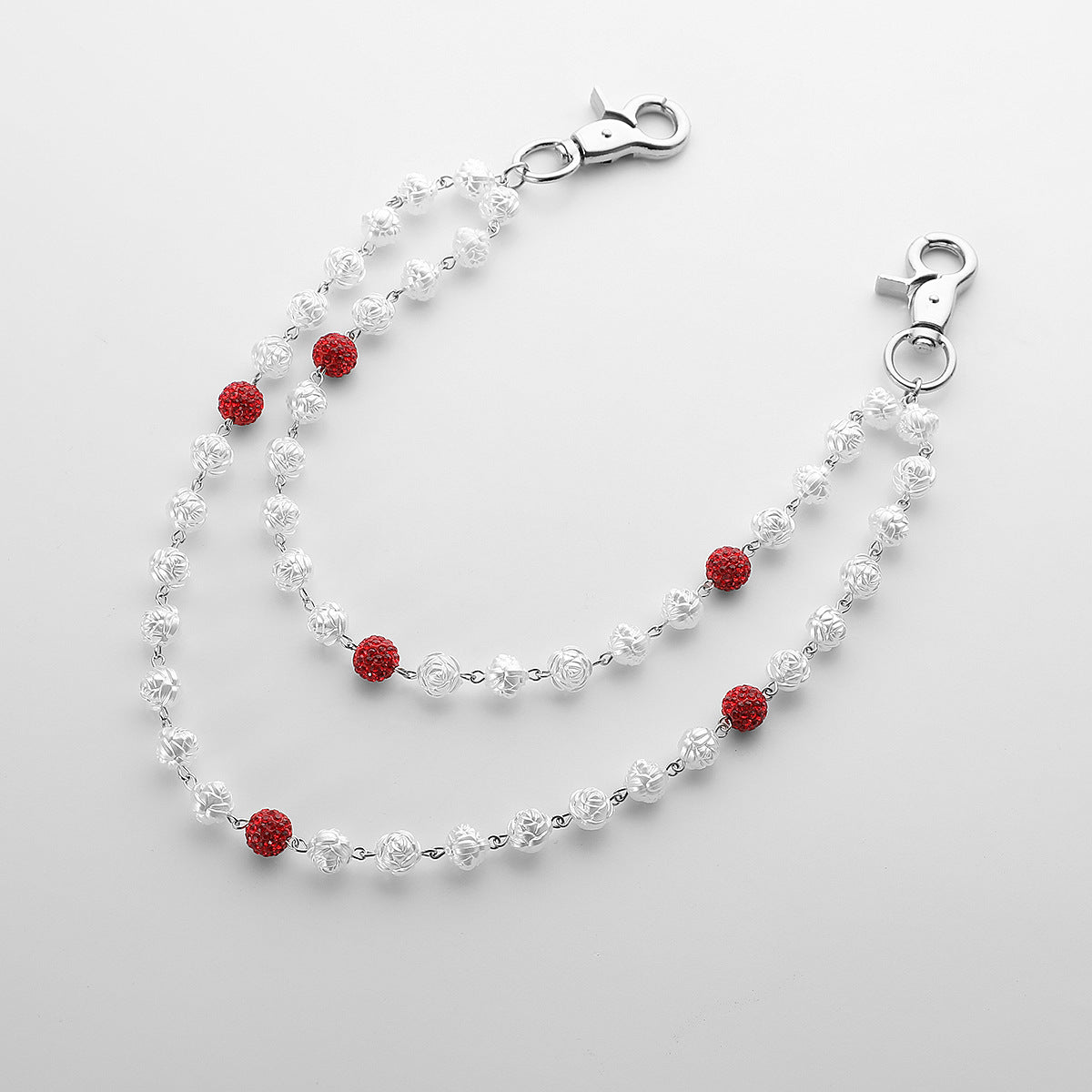 Red and White Bling Rhinestone Beaded Wallet Chain - Double Layer Hip Hop Trouser Chain Jean Accessory(45g）