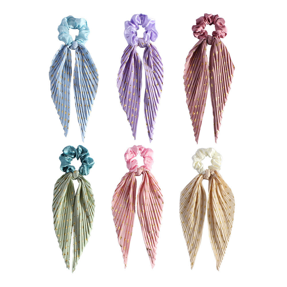 Handmade Pleated Scrunchie with Ribbon Ponytail Holder Hair Tie Hair Accessories 6 Colour Pack