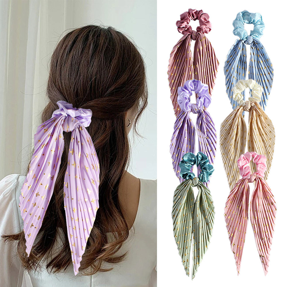 Handmade Pleated Scrunchie with Ribbon Ponytail Holder Hair Tie Hair Accessories 6 Colour Pack