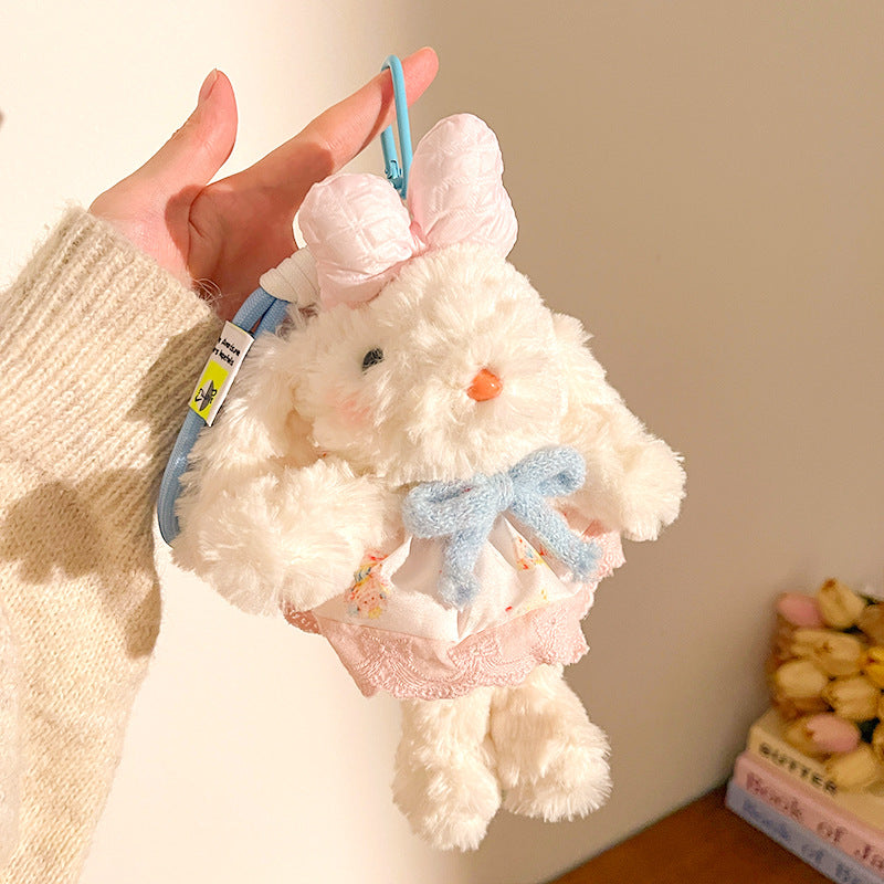 Light Pink Cute Floppy Eared Bunny Plush Doll with Pearl Necklace and Ribbon Dress - Adorable Keychain or Bag Charm for Girls(F-4974)