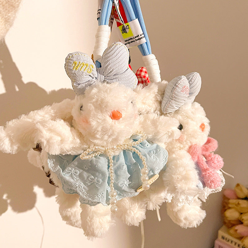 Light Pink Cute Floppy Eared Bunny Plush Doll with Pearl Necklace and Ribbon Dress - Adorable Keychain or Bag Charm for Girls(F-4974)