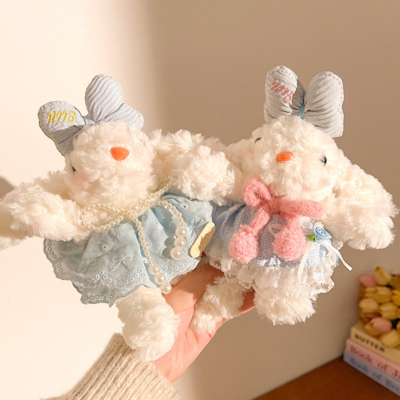 Blue and Pink Cute Floppy Eared Bunny Plush Doll with Pearl Necklace and Ribbon Dress - Adorable Keychain or Bag Charm for Girls(F-4976)