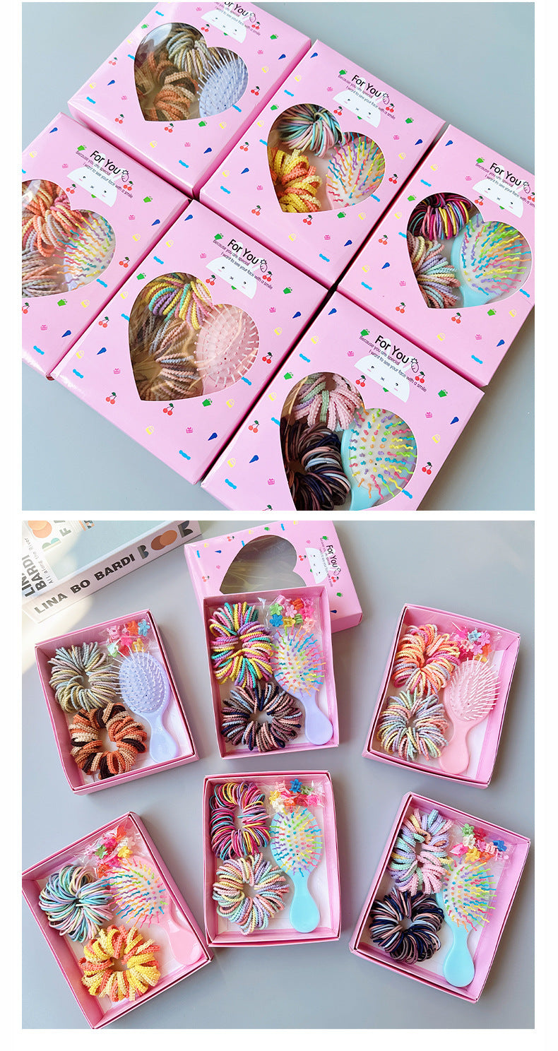 Style 4 Boxed Hair Tie Set with Pink Rubber Bands, Cute Hair Accessories & Mini Comb – Perfect Gift for Girls