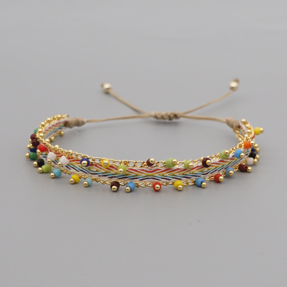 Multicolor Style Artisan Boho Beaded Bracelet - Handmade Woven Friendship Band with Gold-Plated Chain