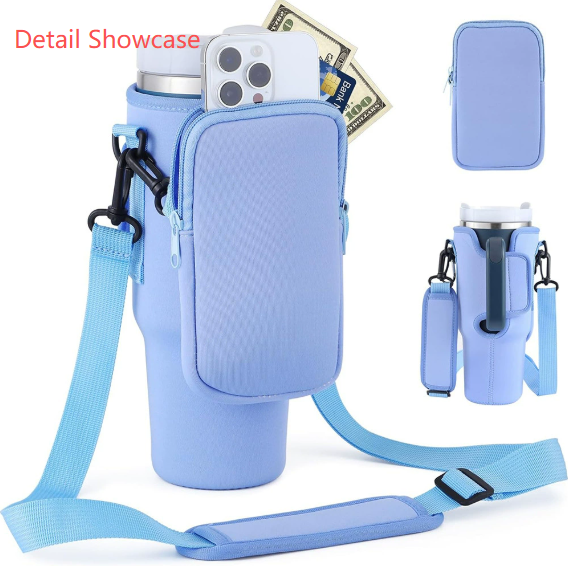 Blue Crossbody Tumbler Carrier with Detachable Wallet Pouch and Adjustable Strap