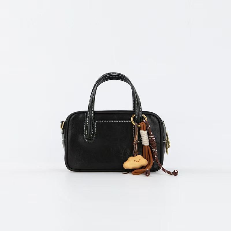 Mini Size Black Vintage Genuine Split Leather Bowling Bag for Women - Retro Top Handle Satchel & Crossbody Purse