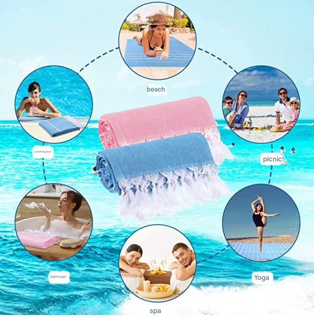 Blue Chic Striped 100% Cotton Beach Towel with Tassels - Extra Large & Absorbent (180x90cm)