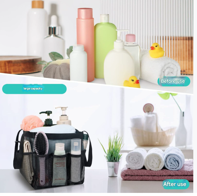 Black Large Multi-Pocket Mesh Beach Tote Bag - Quick-Dry Travel & Gym Organizer with Drawstring Closure