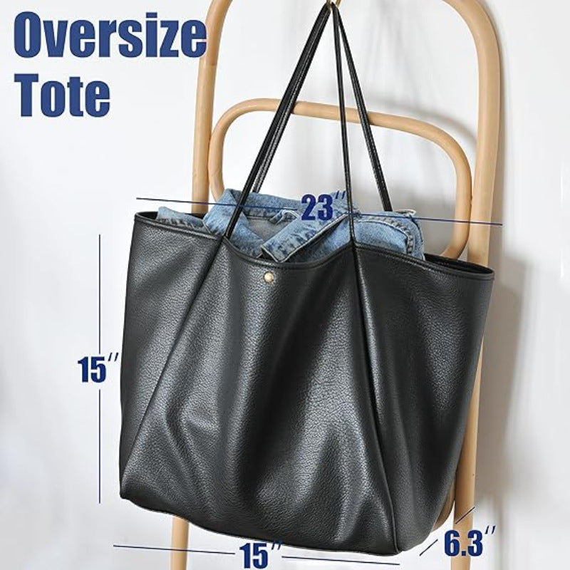 Black Classic Oversized Tote Bag - Soft Faux Leather Shoulder Purse for Work, Travel & Everyday Use