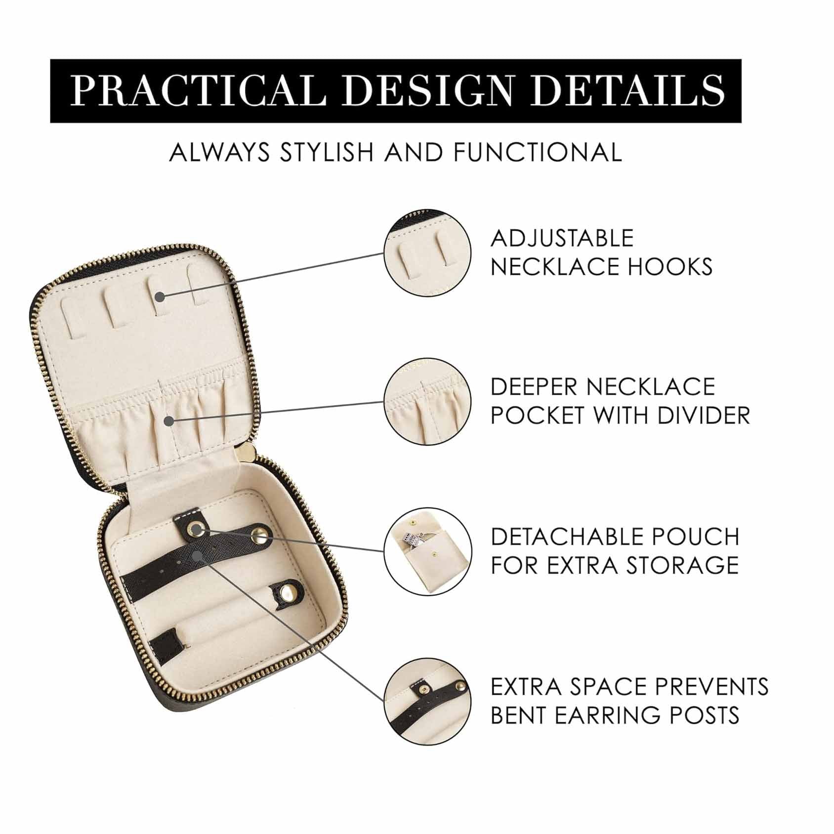 Black "Small But Mighty" Leather Jewelry Box - Portable Organizer for Earrings, Necklaces, Rings & More (4x4x2 inches)