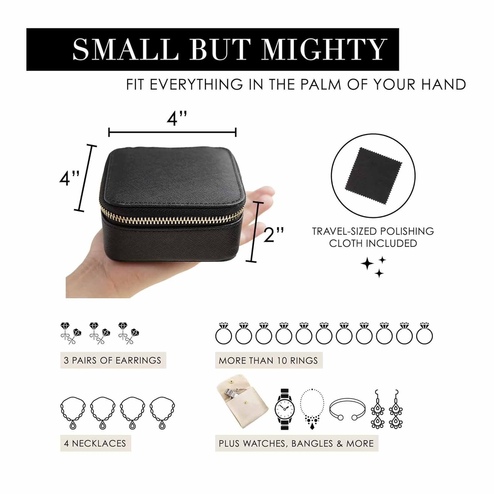 Black "Small But Mighty" Leather Jewelry Box - Portable Organizer for Earrings, Necklaces, Rings & More (4x4x2 inches)