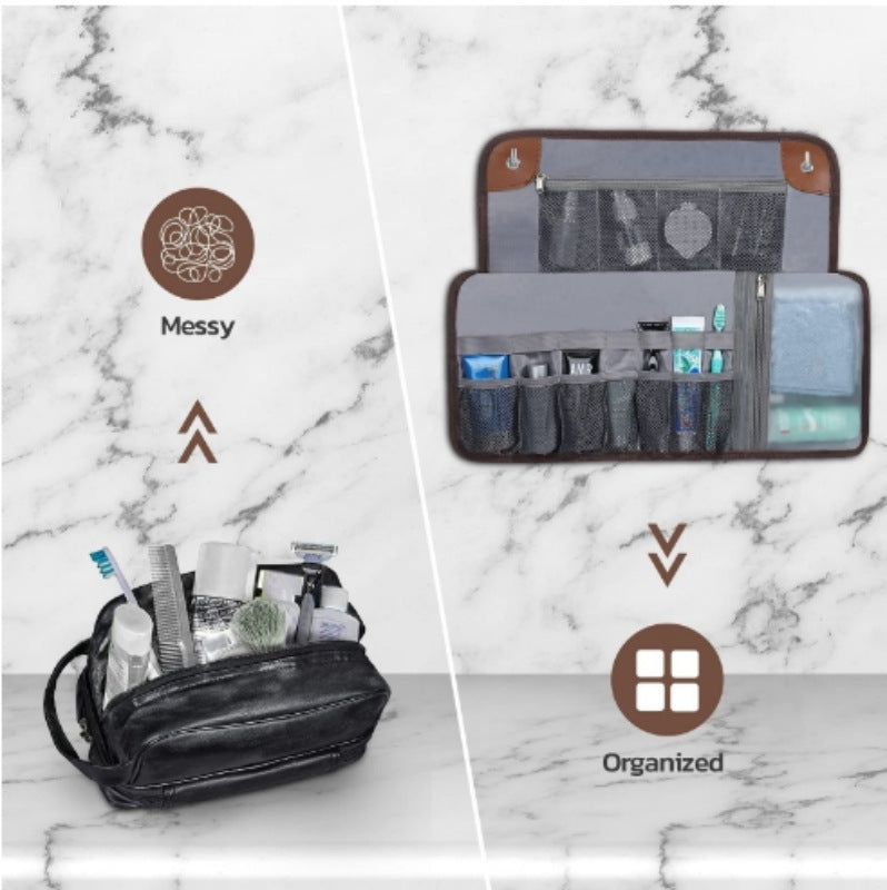 Brown Men's PU Leather Toiletry Bag - Waterproof Travel Organizer for Shaving Kits & Bathroom Accessories (50.8x25.4 cm unfolded, 25.4 cm rolled)