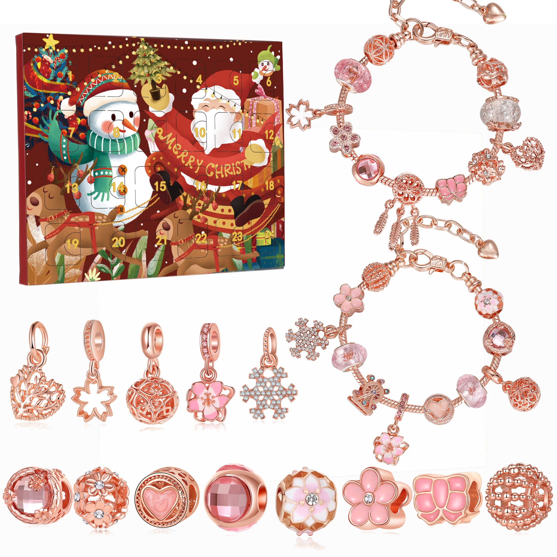 Christmas Advent Calendar DIY Charm Bracelet Kit Rose Gold Jewellery Making Blind Box Gift Set for Girls and Teens