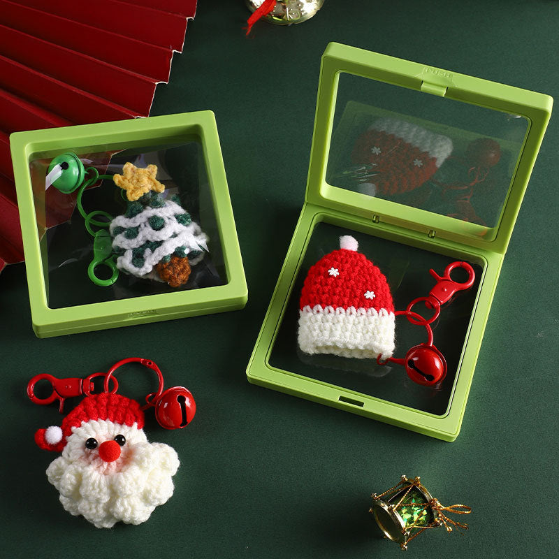 Handmade Christmas Crochet Keychain Knitted Yarn Keyring with Floating Display Case Festive Bag Charm Ideal for Kris Kringle and Stocking Stuffers