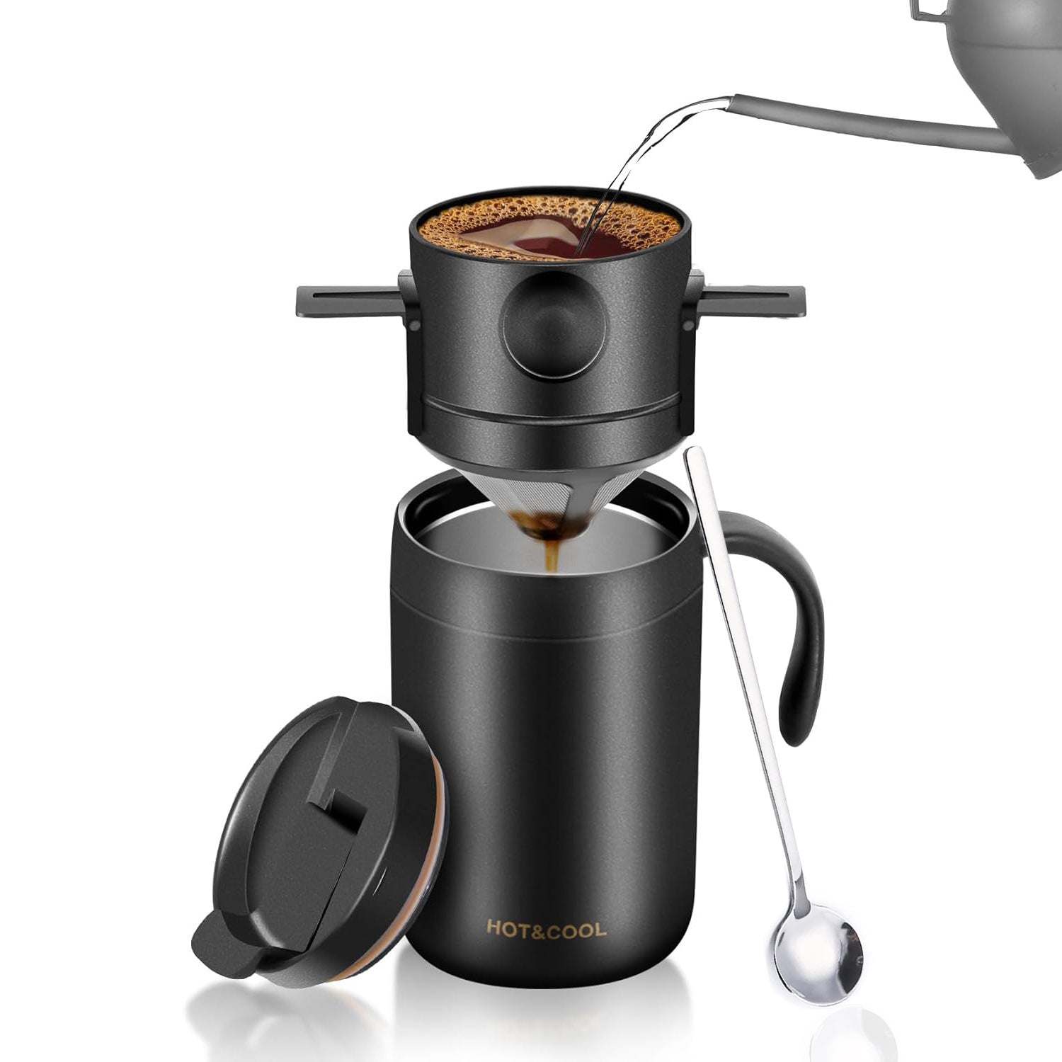 Black Portable Pour Over Coffee Maker Set Stainless Steel Insulated Travel Mug with Collapsible Reusable Dripper Filter for Camping Office and Home