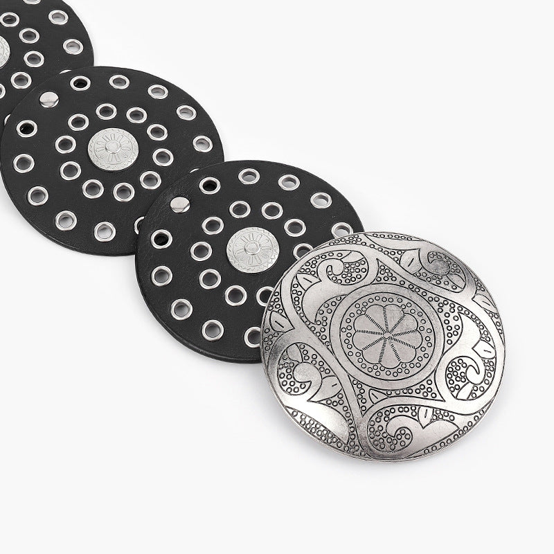 Women's Y2K Vintage Style Wide Waist Belt Black Faux Leather Disc Linked Grommet Studded with Engraved Western Buckle for Jeans and Festivals